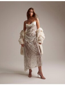 ASOS DESIGN - Vestito da sposa al polpaccio asimmetrico e drappeggiato con spalline sottili in paillettes trasparente-Bianco
