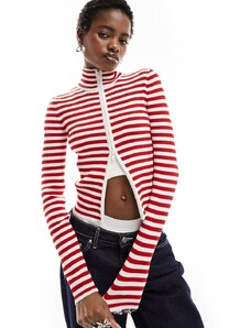 Monki - Cardigan taglio corto rosso e beige in maglia a righe con zip sul davanti-Multicolore