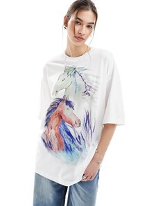 Monki - T-shirt vestibilità comoda bianca con stampa di cavalli sul davanti-Multicolore
