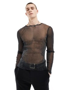 ASOS DESIGN - T-shirt a maniche lunghe attillata in rete glitterata-Nero