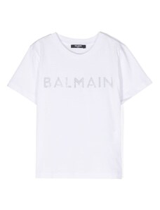 BALMAIN KIDS T-shirt bianca logo strass argento