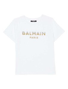 BALMAIN KIDS T-shirt bianca logo gommato metallizzato