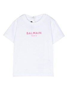 BALMAIN KIDS T-shirt bianca neonata logo stampa fucsia