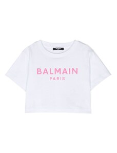 BALMAIN KIDS T-shirt bianca crop logo glitter
