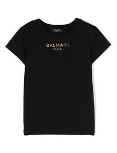 BALMAIN KIDS T-shirt nera logo gommato metallizzato