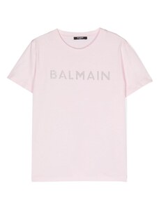 BALMAIN KIDS T-shirt rosa logo strass argento