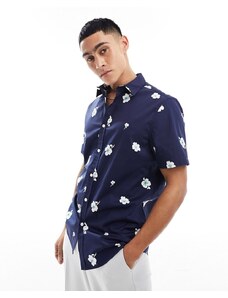 ASOS DESIGN - Camicia slim elasticizzata blu navy con stampa a fiori-Nero