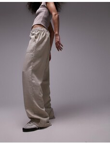 Topshop - Pantaloni dritti in lino a vita bassa beige con coulisse in vita-Neutro