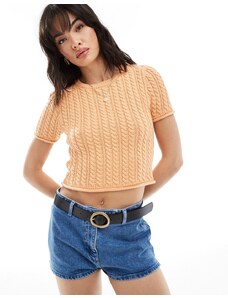 ASOS DESIGN - T-shirt ristretta in maglia color pesca a trecce-Arancione