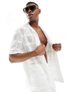 ASOS DESIGN - Camicia a maniche corte in pizzo all'uncinetto con colletto a rever bianca vestibilità comoda in coordinato-Bianco