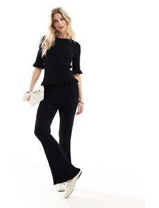 Vero Moda - Aware - Pantaloni a zampa neri in maglia con bordi smerlati in coordinato-Nero