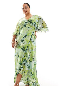 Hope & Ivy Plus - Vestito lungo a portafoglio verde a fiori con volant