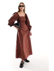 ASOS DESIGN - Vestito midi in popeline color cioccolato con scollo squadrato e vita stretta-Marrone