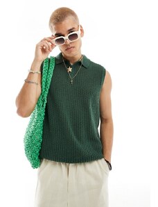 ASOS DESIGN - Smanicato in maglia traforata verde con colletto stile polo