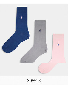 Polo Ralph Lauren - Confezione da 3 paia di calzini in cotone mercerizzato color rosa, grigio e blu navy con logo