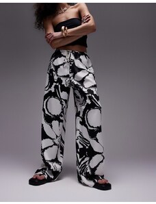Topshop - Pantaloni dritti in raso bianchi e neri con stampa astratta floreale-Multicolore