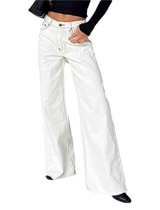 Goudyna Pantaloni larghi da donna a gamba larga, jeans larghi a vita alta, pantaloni in denim larghi, bianco, L