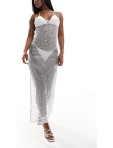 Simmi Clothing SIMMI - Vestito lungo da spiaggia argentato in rete all'uncinetto con scollo rotondo sulla schiena-Argento