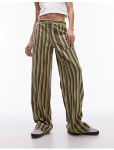 Topshop - Pantaloni dritti a vita bassa in lino a righe multicolore con coulisse