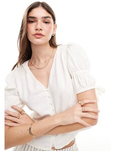 Only - Blusa con bottoni in misto lino color crema-Bianco