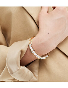 ASOS DESIGN Curve - Bracciale rigido placcato oro 14k con inserto con perle sintetiche