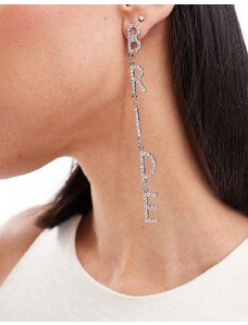 South Beach - Orecchini pendenti argentati lunghi con scritta “Bride“ e cristalli-Argento