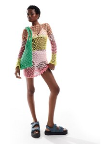 ASOS DESIGN - Vestito corto in maglia all'uncinetto a righe con perline-Multicolore
