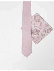ASOS DESIGN - Cravatta sottile rosa con fazzoletto da taschino a fiori