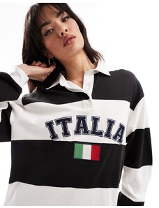 ASOS DESIGN - Maglia da rugby bianca e nera a righe con grafica "Italia" ricamata-Multicolore