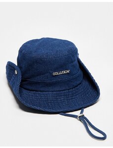 COLLUSION Unisex - Cappello da pescatore in denim grezzo blu slavato con laccetto