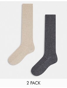 ASOS DESIGN - Confezione da 2 paia di calzini al ginocchio grigio e avena a coste-Multicolore