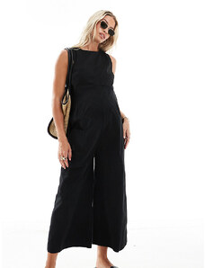 ASOS Maternity ASOS DESIGN Maternity - Tuta jumpsuit minimal senza maniche nera in twill con fondo ampio-Nero