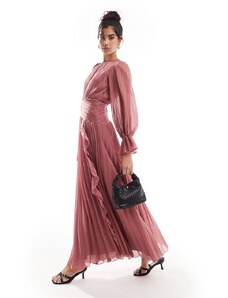 ASOS DESIGN - Vestito lungo rosa crepuscolare accollato e arricciato in vita