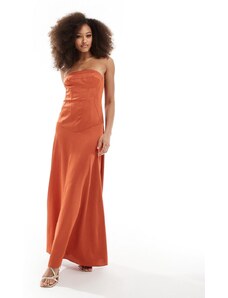 ASOS DESIGN - Vestito lungo a fascia in raso color ruggine con dettagli effetto corsetto-Arancione