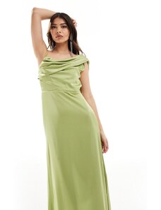 TFNC - Vestito da damigella monospalla lungo drappeggiato color oliva-Verde