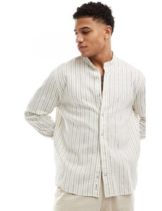 Pull&Bear - Camicia rustica con collo serafino in lino a righe écru-Neutro