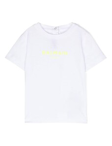 BALMAIN KIDS T-shirt bianca neonata logo stampa giallo