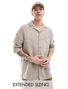 ASOS DESIGN - Camicia vestibilità comoda con rever in misto lino color pietra con tasca applicata-Neutro