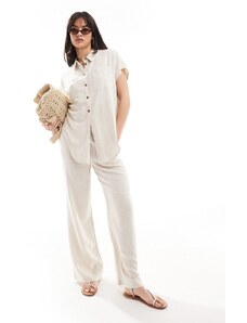 Pieces - Pantaloni a fondo ampio color crema in lino in coordinato-Bianco
