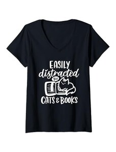 Easily Distracted By Cats And Books Donna Facilmente distratto da gatti e libri - Divertente proprietario di gatti Maglietta con Collo a V