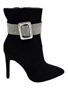 Malu Shoes Tronchetto stivaletto nero donna camoscio aderente a punta tacco sottile 12 alla caviglia cinturino di strass e fibbia