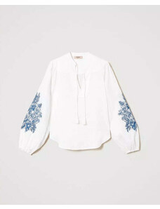 TWINSET Blusa lino ricamo floreale bianca