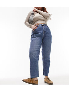 Topshop Curve - Jeans dritti cropped a vita medio alta con bordi grezzi blu medio