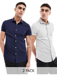 ASOS DESIGN - Confezione da 2 camicie elasticizzate slim fit blu navy e grigia-Multicolore
