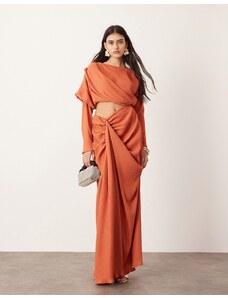 ASOS Edition - Vestito lungo premium plissé drappeggiato color ruggine a maniche lunghe-Arancione