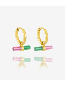 Rachel Jackson - Orecchini a cerchio placcati oro 22 carati con barretta a T con pietra verde e rosa e confezione regalo