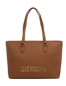 Moschino borsa a spalla da donna marrone cammello con maxi logo lettering in metallo