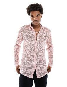 ASOS DESIGN - Camicia a maniche lunghe plissé in pizzo rosa chiaro