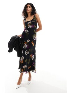 ASOS DESIGN - Vestito sottoveste midi in chiffon nero con stampa a fiori e scollo rotondo-Multicolore
