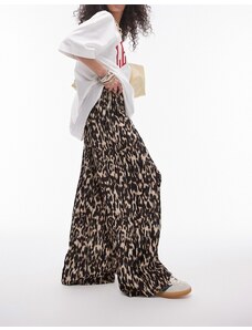 Topshop - Pantaloni plissé stropicciati a fondo ampio marroni con stampa leopardata-Marrone